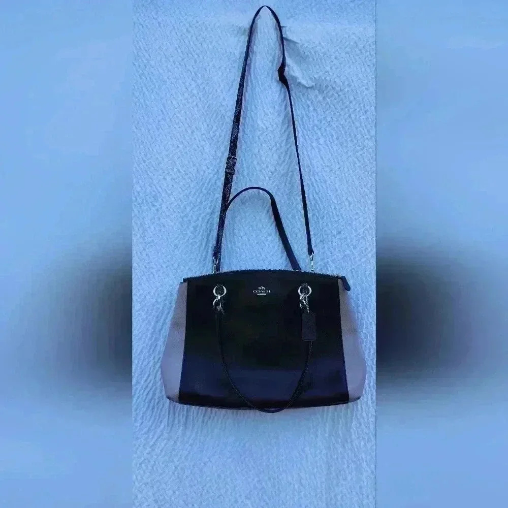 Coach Black/Beige Color Block Cross Body Handbag Snake Print Strap
